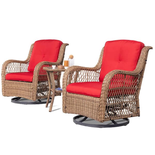 Zeus & Ruta 3-Piece Yellow Wicker Patio Outdoor Bistro Sets with Red Cushions and Matching Side Table