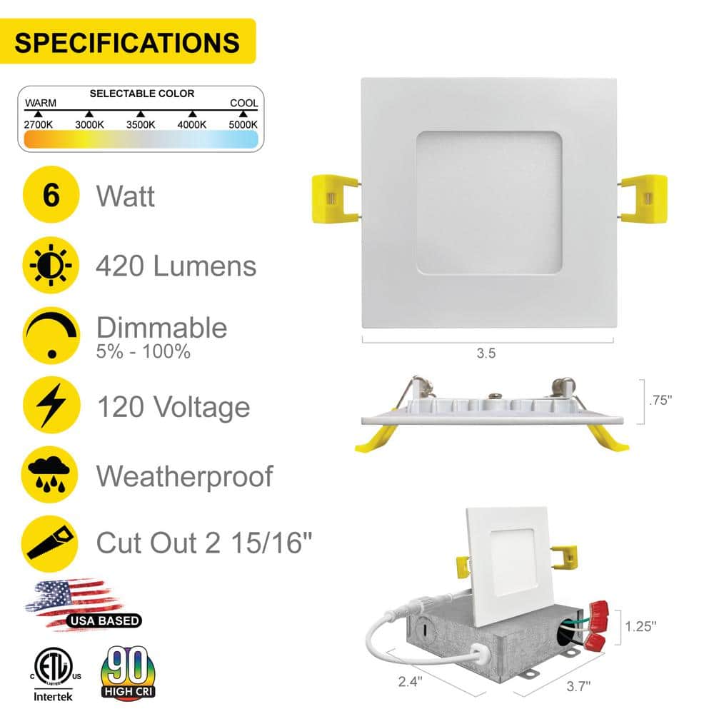 NuWatt 3" White Square Ultra-Thin LED Recessed Light Kit