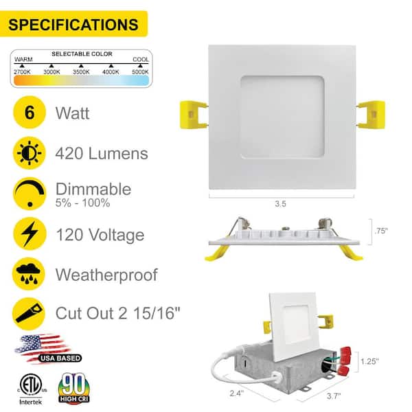 3 in. White Square Slim Canless Integrated LED Recessed Light Kit 5 Color Selectable 2700K to 5000K Dimmable (6-Pack)