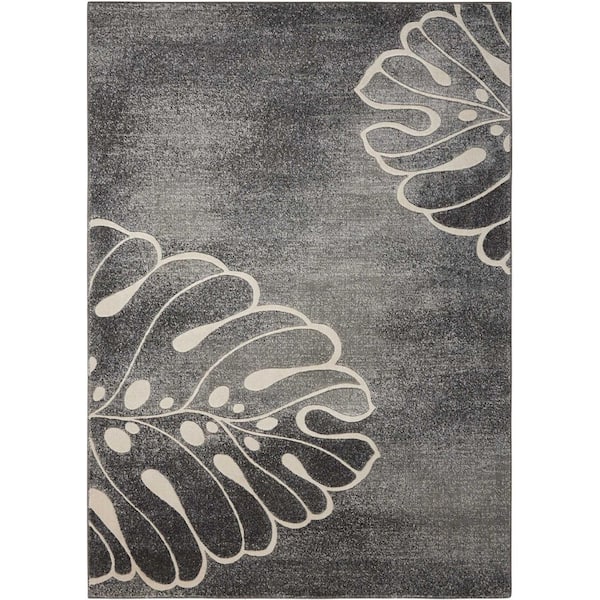 4 ft. x 6 ft. Ivory Black and Gray Botanical Leaves Area Rug