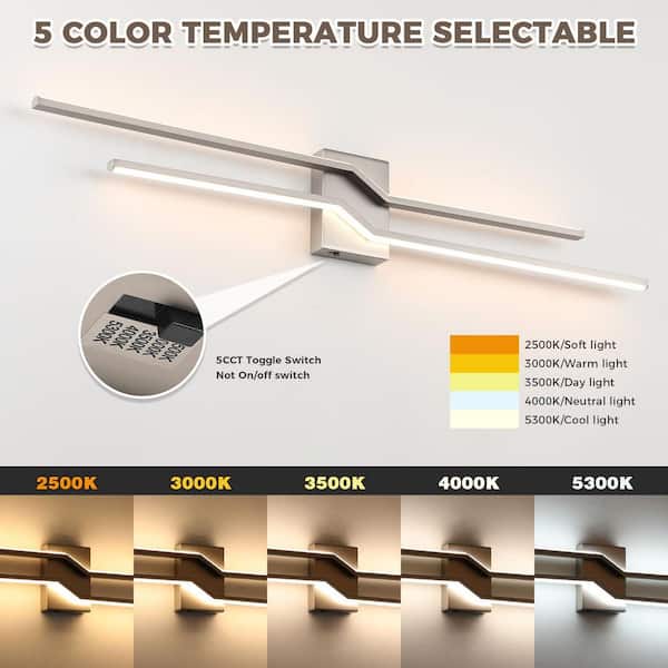 39.4 in. 2-Light Nickel Dimmable LED Wall Sconce, Minimalist Wall Lighting with 5-CCT for Living Room Bedroom