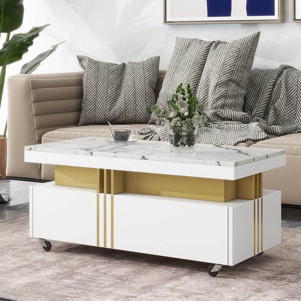 White Rectangle Coffee Table Cocktail Table with Faux Marble Top, Caster Wheels, Gold Metal Bars for Living Room price history on PriceWatchPro