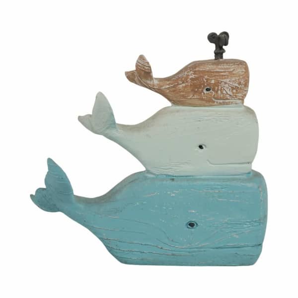 9 in. x 9 in. Blue Resin Coastal Stack Of 3 Whales Figurine