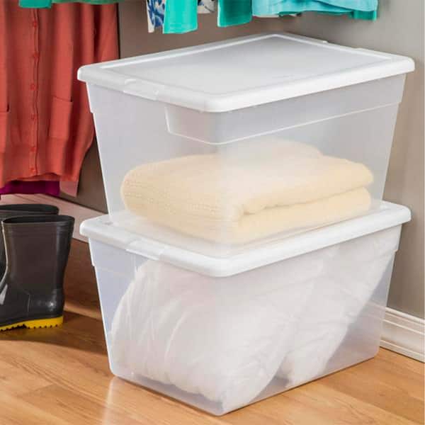 Sterilite 56 Qt Wheeled Latching Storage Box, Stackable Bin with Latch Lid,  Plastic Container to Organize Shoes Underbed, Clear with White Lid, 8-Pack