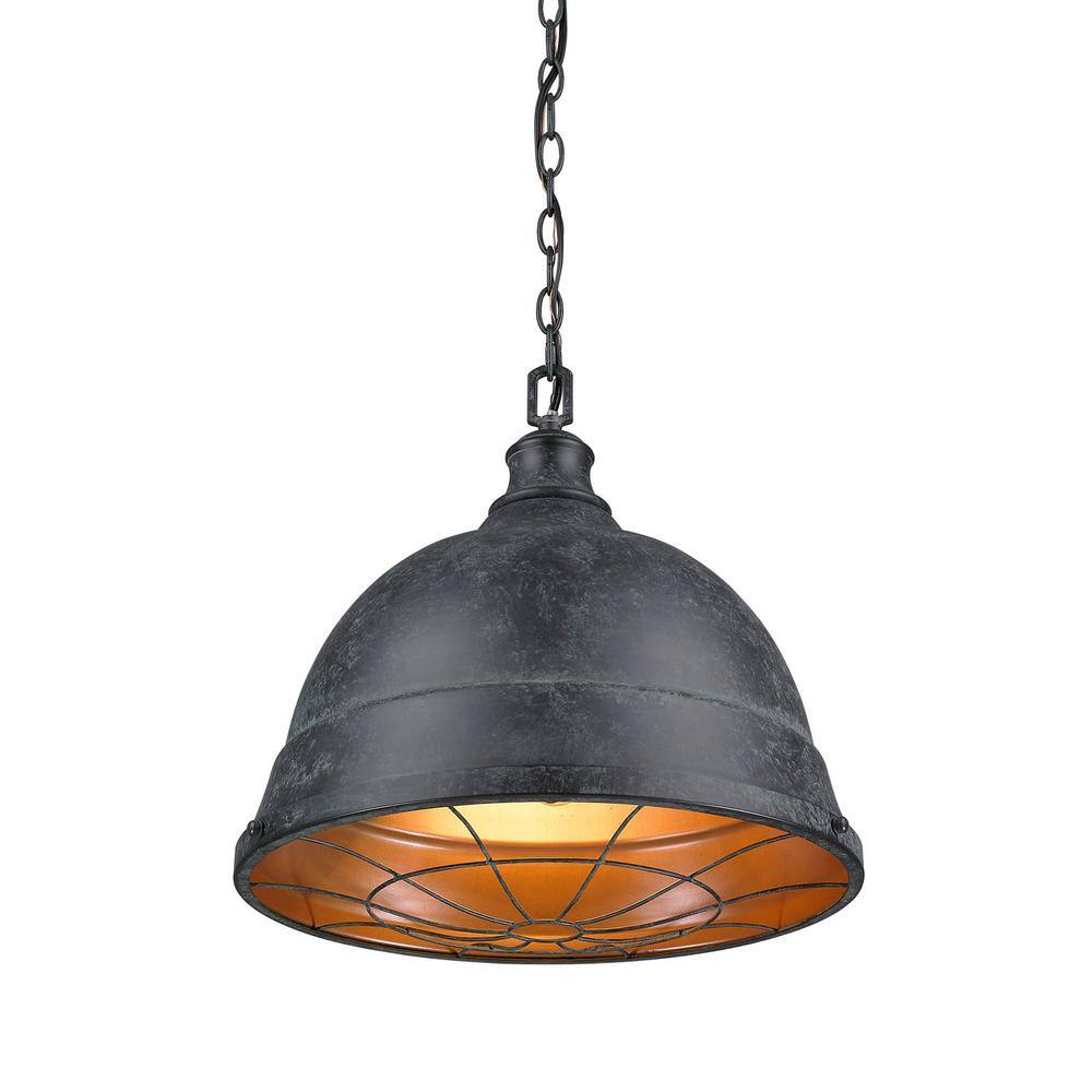 Black Patina Rustic Steel Pendant Light with Glass Shade