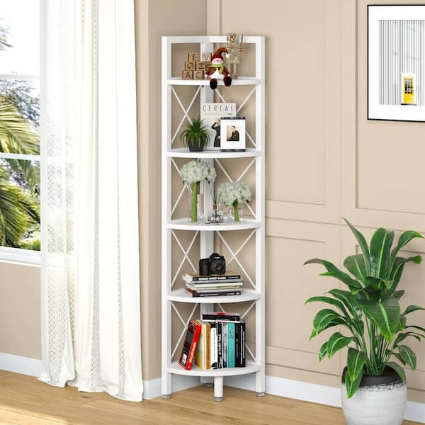 Tribesigns Way to Origin Frailey 16 in. Wide White 6 Shelf Corner Bookcase with Door, Freestanding Corner Shelf Storage Cabinet for Small Space