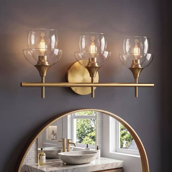 22.1 in. 3-Light Modern Gold Bathroom Vanity Light, Contemporary Wall Lights with 2-Tier Clear Glass Shade over Mirror