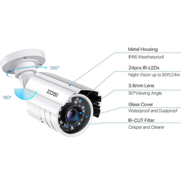 ZOSI Wired 1080p Outdoor Security Camera Compatible With All TVI DVR, 80 ft. Night Vision, IP67 Weatherproof (4-Pack)