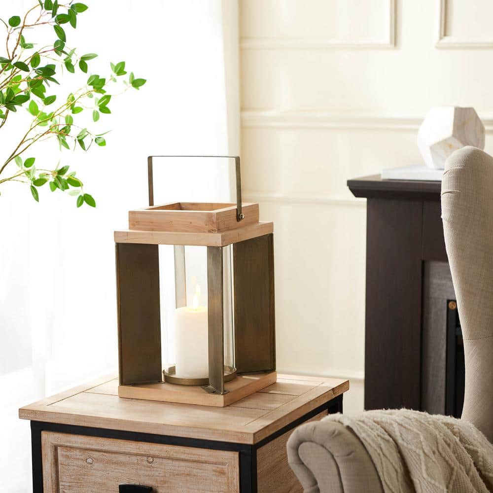 Small 12.5 in. H Brown Wood and Metal Candle Lantern