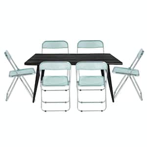 Lawrence 7-Piece Dining Set with Acrylic Foldable Chairs and Rectangular Dining Table with Metal Legs, Jade Green