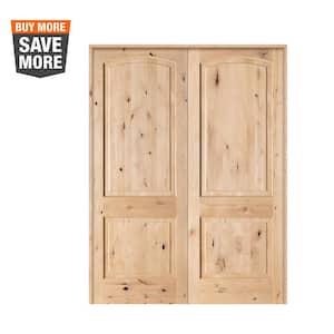 56 in. x 96 in. Rustic Knotty Alder 2-Panel Arch Top Both Active Solid Core Wood Double Prehung Interior French Door