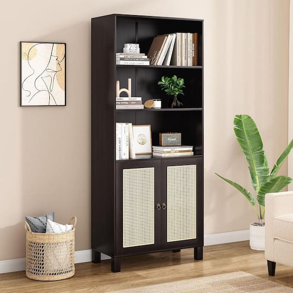 71 in. Tall Black Wood 5 Shelf Standard Bookcase with Interior Shelves Storage
