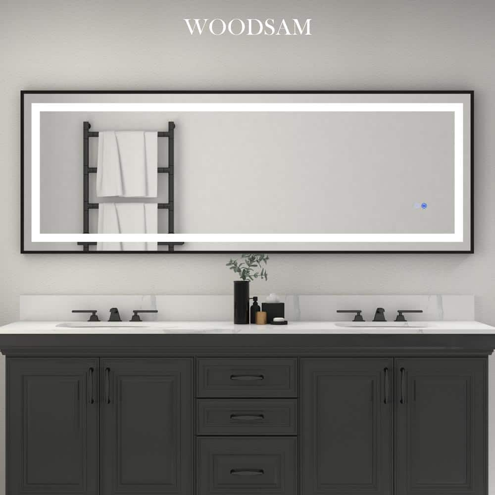 62 in. W x 20 in. H Rectangular Aluminum Framed Anti-Fog LED Lighted Wall Bathroom Vanity Mirror in Brushed Black -  WOODSAM, LM02-W6220-NB