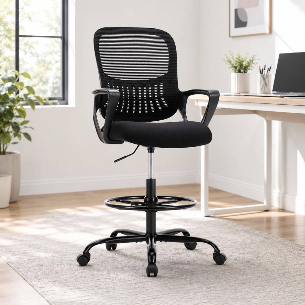 23.6 in. Width Mesh Adjustable Foot Ring Swivel Seat Drafting Chair in Black with Arms price history on PriceWatchPro