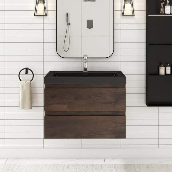 30 in. W x 19.5 in. D x 22.5 in. H Wall-Mounted Bath Vanity in Rose Wood with Black Engineered Quartz Composite Top