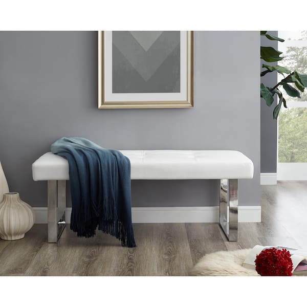 Inspired Home Alonso White/Chrome PU Leather Bench Square Tufted Metal ...