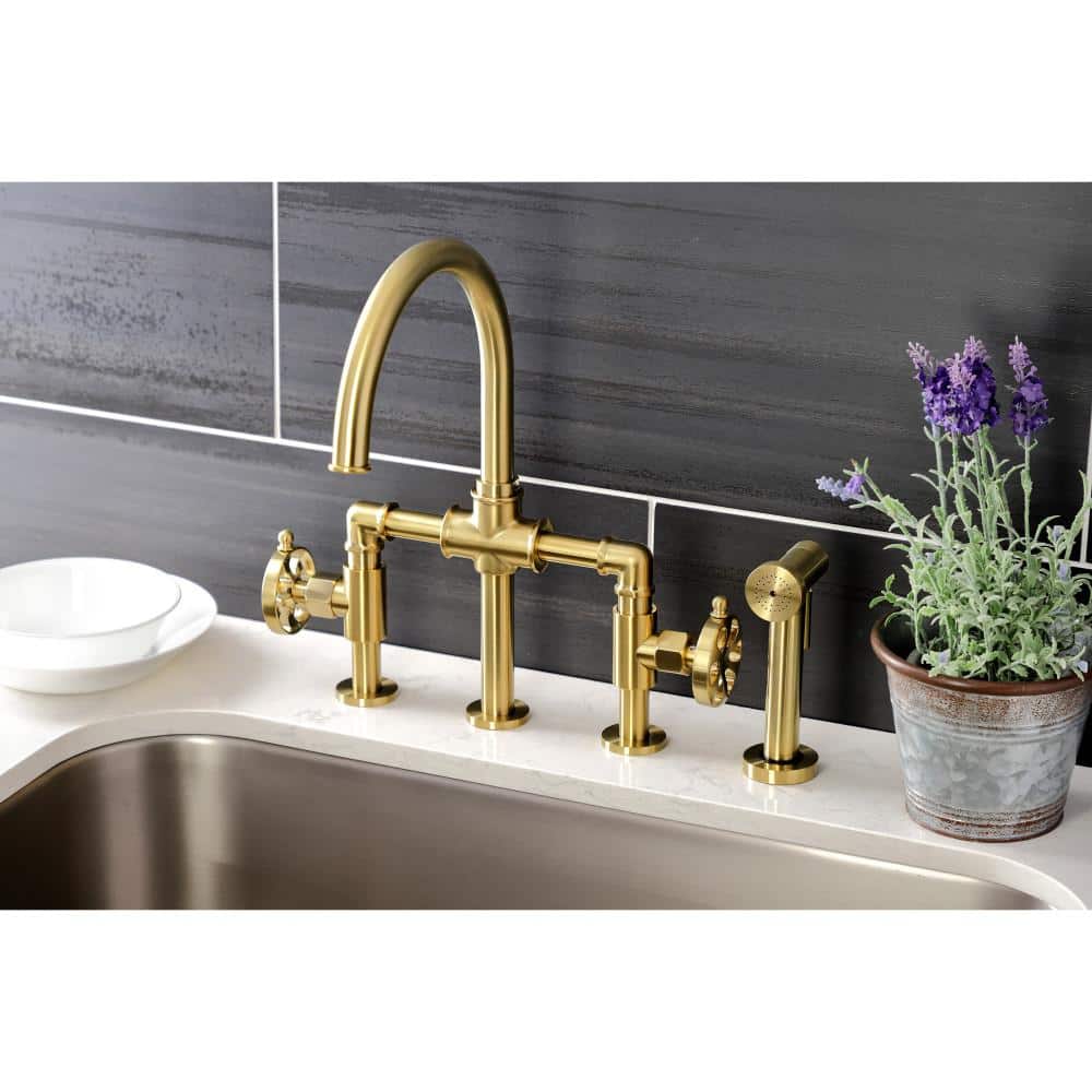 Brushed Brass Industrial Bridge Kitchen Faucet with Side Sprayer