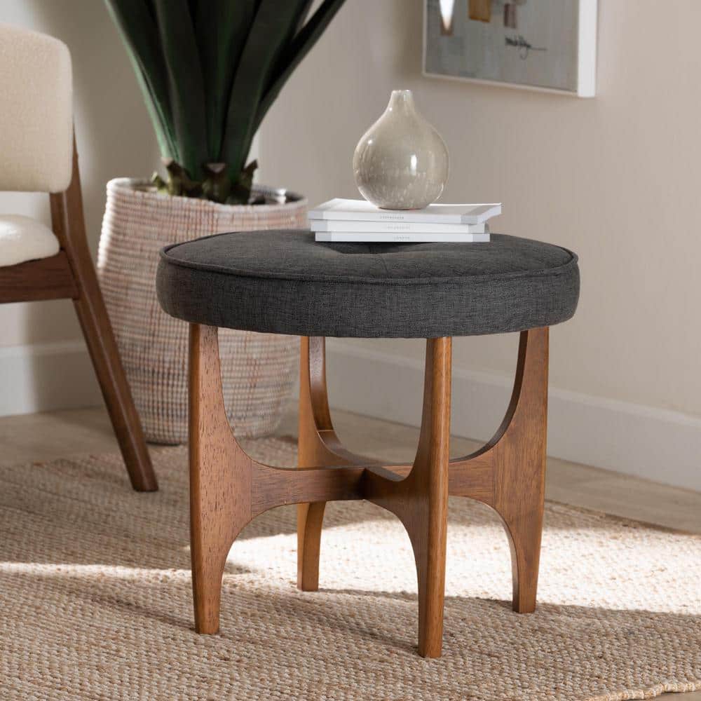 Theo Dark Gray Fabric and Walnut Wood Round Tufted Ottoman
