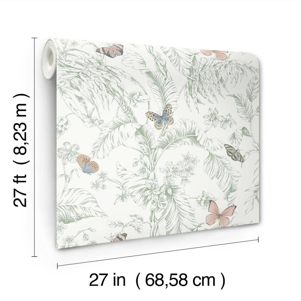 Blush and Green Tropical Butterfly Wallpaper