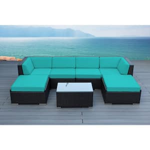 Ohana Black 7-Piece Wicker Patio Seating Set with Supercrylic Turquoise Cushions