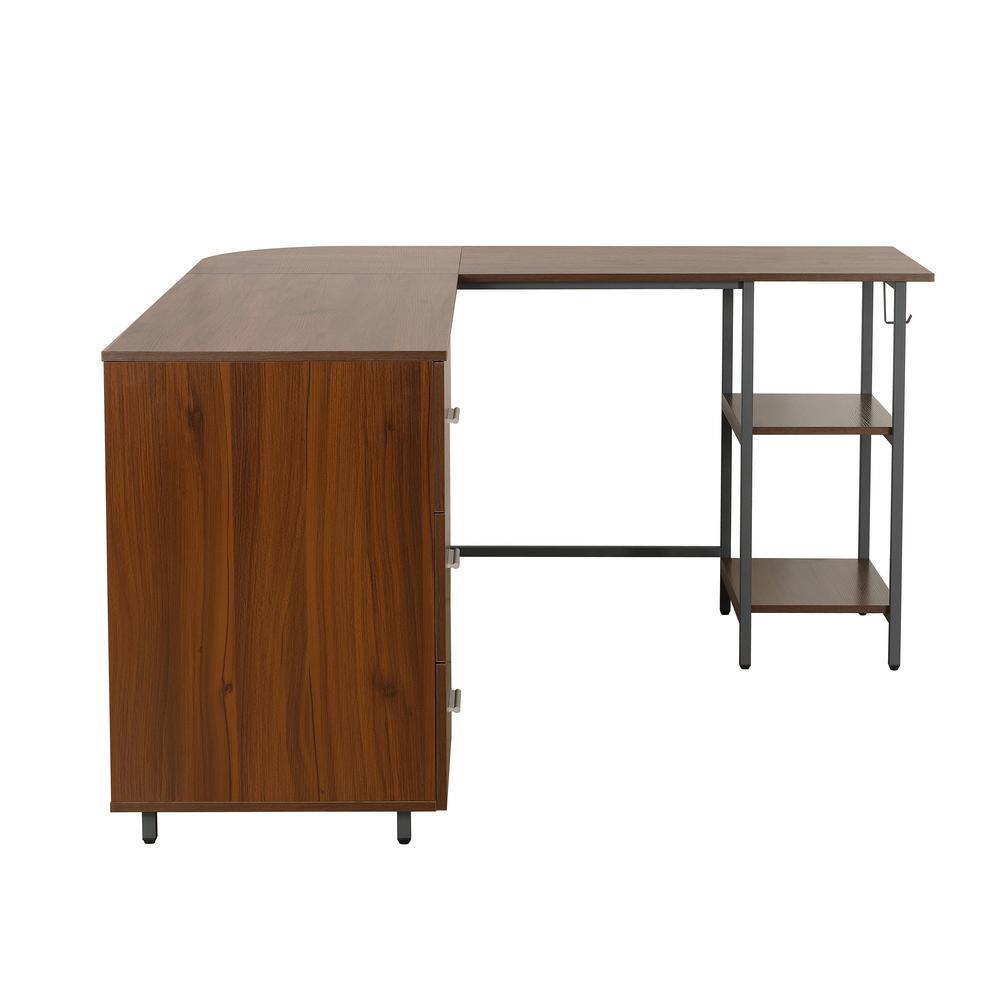 Rustic Walnut Wood Corner Gaming Desk with Drawer Storage