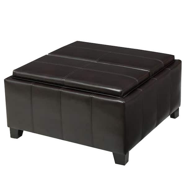 Noble House Mansfield Brown PU Leather Tray Top Storage Ottoman