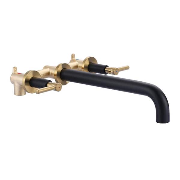 2-Handle Wall Mount Roman Tub Faucet with High Flow Rate and Long Spout in Black and Gold