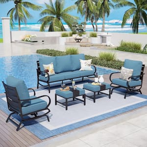 Black 5-Piece Metal Slatted 7-Seat Outdoor Patio Conversation Set with Denim Blue Cushions, 2 Rocking Chairs, 2 Ottomans