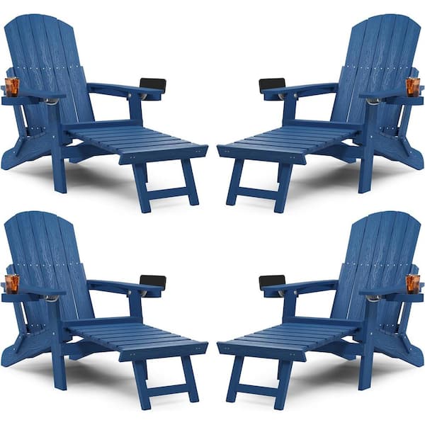 Mximu Navy Blue Outdoor Folding Adirondack Chair with Integrated Pullout Ottoman and Cup Holder (Set of 4)