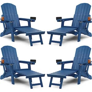 Navy Blue Outdoor Folding Adirondack Chair with Integrated Pullout Ottoman and Cup Holder (Set of 4)