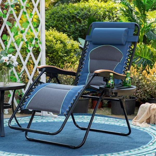 PHI VILLA Zero Gravity Lounge Chair Folding Padded Recliner With Wooden Armrest Oversized Outdoor Indoor Blue