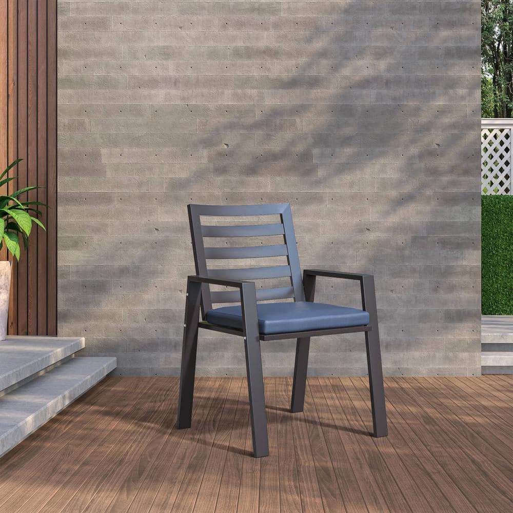 Charcoal Blue Aluminum Patio Dining Chairs with Cushions, Set of 2