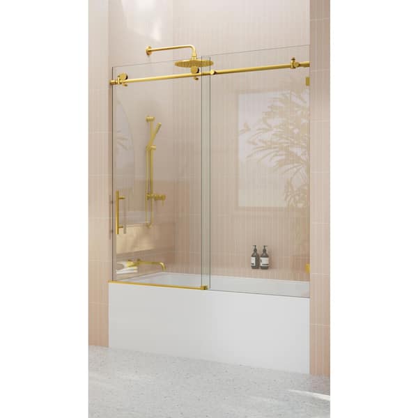 56 in. W x 60 in. H Sliding Frameless Bath Tub Shower Door in Satin Brass Finish