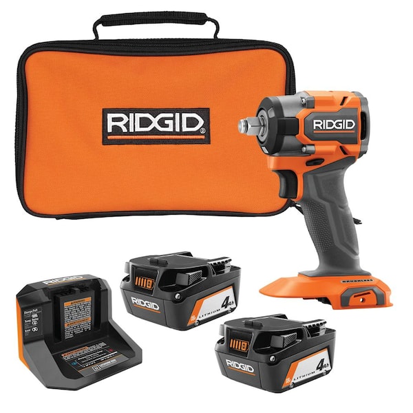 RIDGID 18V SubCompact Brushless Cordless 1/2 in. Impact Wrench with (2) 4.0 Ah Batteries, Charger, and Bag
