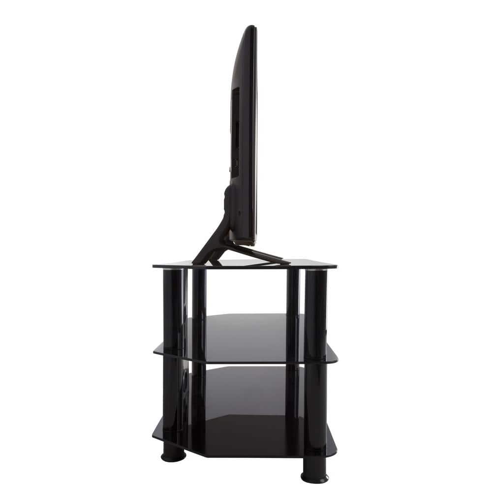 Sleek Black Stainless Steel and Tempered Glass Corner TV Stand