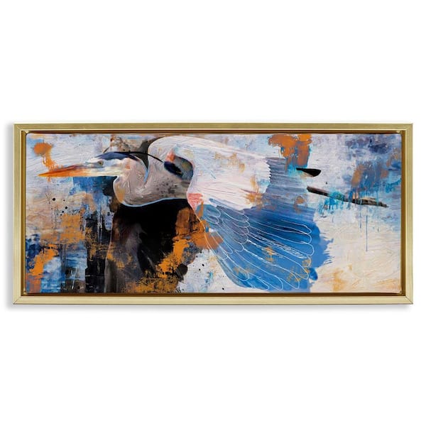 Stupell Industries Heron with Abstract Splatter by Porter Hastings Gold Floater Frame Animal Graphic Art Print 14 in. x 31 in.