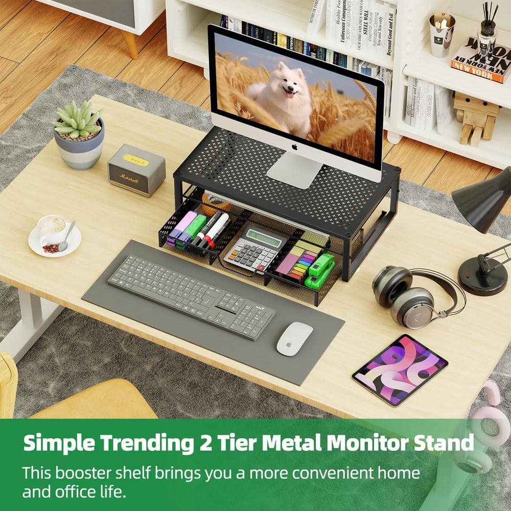Black Metal Mesh Monitor Stand with Storage Drawers