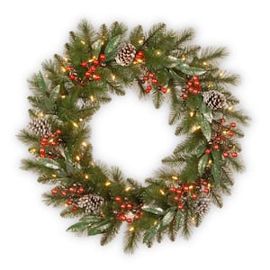 24 in. Artificial Frosted Pine Berry Collection Wreaths with Cones, Red Berries, Silver Glittered Eucalyptus Leaves