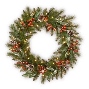 30 in. Artificial Frosted Pine Berry Wreath with Battery Operated LED Lights