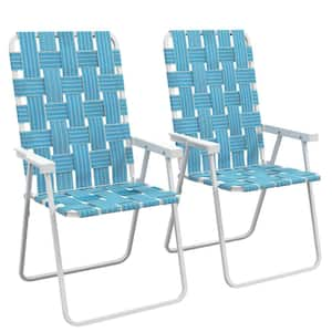 Blue and White Steel Portable Folding Lawn Chairs Camping Chairs with Armrests for Garden, Pool, Beach, Backyard 2-Pack