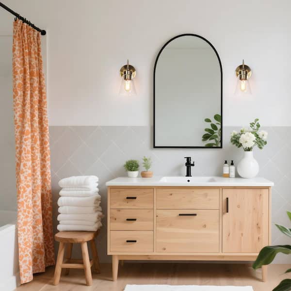Industrial Plating Brass Cone Bathroom Wall Sconce with Seeded Glass Shade, 1-Light Gold Bedroom Foyer Bell Wall Light