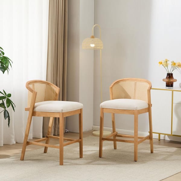 Kennedy 36.25 in. H Beige Faux Rattan Modern Upholstered Counter Stools with Natural Finished Solid Wood Frame(Set of 2)