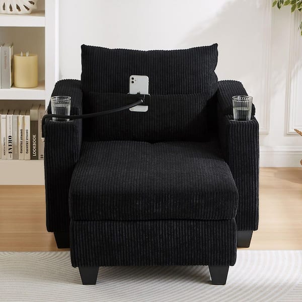 37.4 in. Wide Straight Arm Corduroy Modern Rectangle Reclining Sofa with USB Ports, 2 Cup Holders, Phone Holder in Black