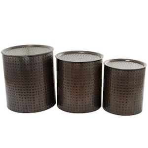 18 in. Brown Handmade Large Cylinder Metal End Accent Table with Hammered Design (3- Pieces)