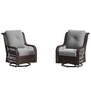 Swivel Brown Wicker Outdoor Rocking Chair with Gray Cushions (2-Pack)