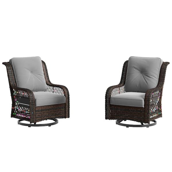 Bestier Swivel Brown Wicker Outdoor Rocking Chair with Gray Cushions (2-Pack)
