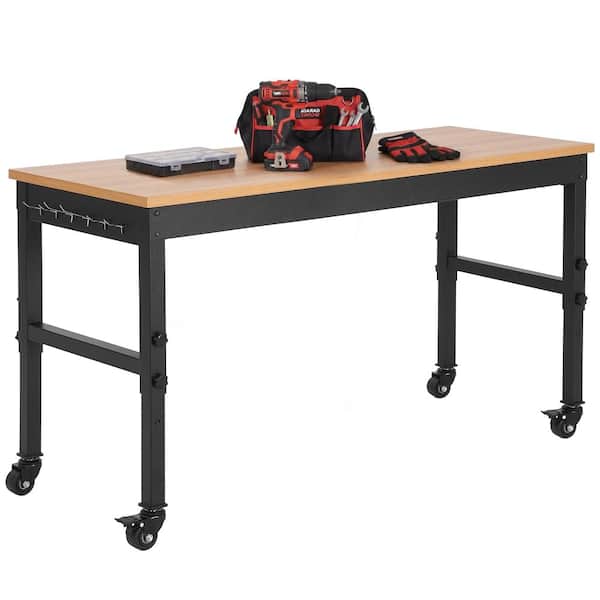 Adjustable‑Height Workbench,2200 lb Capacity,Rubberwood Top,Steel Frame,Power Outlets for Garage Workshop