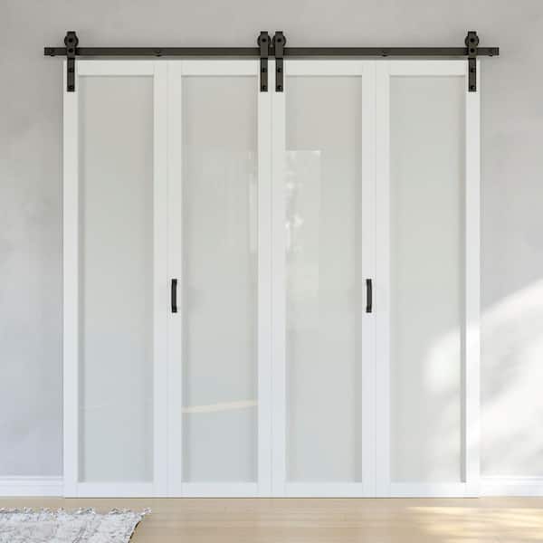 80 in. x 84 in. 1-Lite Frosted Glass White Finished Solid Core MDF Bi-fold Door Style Barn Door with Hardware Kit