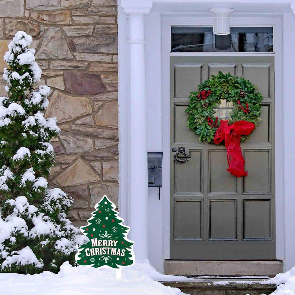 Green Metal Merry Christmas Tree Yard Stake with Ornaments