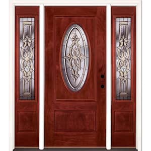 63.5 in.x81.625in.Silverdale Patina 3/4 Oval Lt Stained Cherry Mahogany Lt-Hd Fiberglass Prehung Front Door w/Sidelites